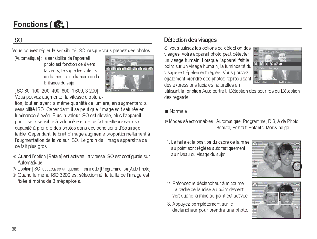 Samsung EC-PL55ZZBPSCA, EC-PL55ZZBPBE1 manual Détection des visages, Photo est fonction de divers, Brillance du sujet 