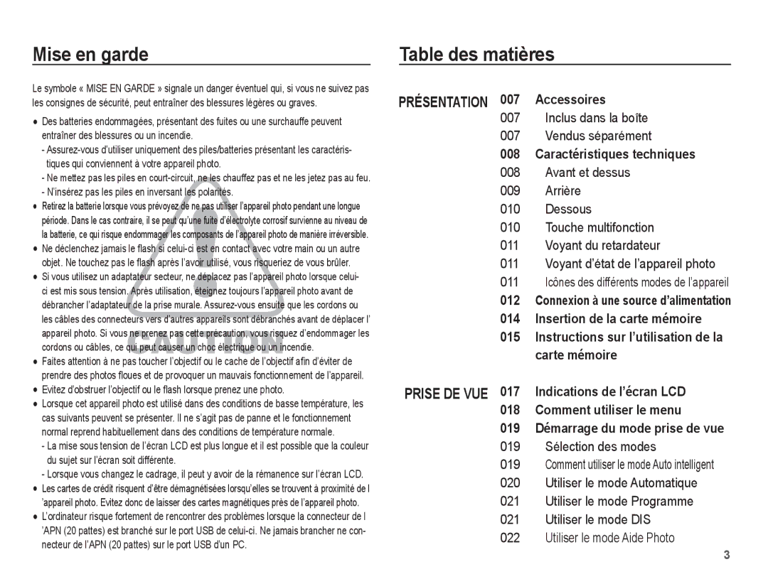 Samsung EC-PL55ZZBPBE1, EC-PL55ZZBPRE1 Mise en garde Table des matières, ’insérez pas les piles en inversant les polarités 