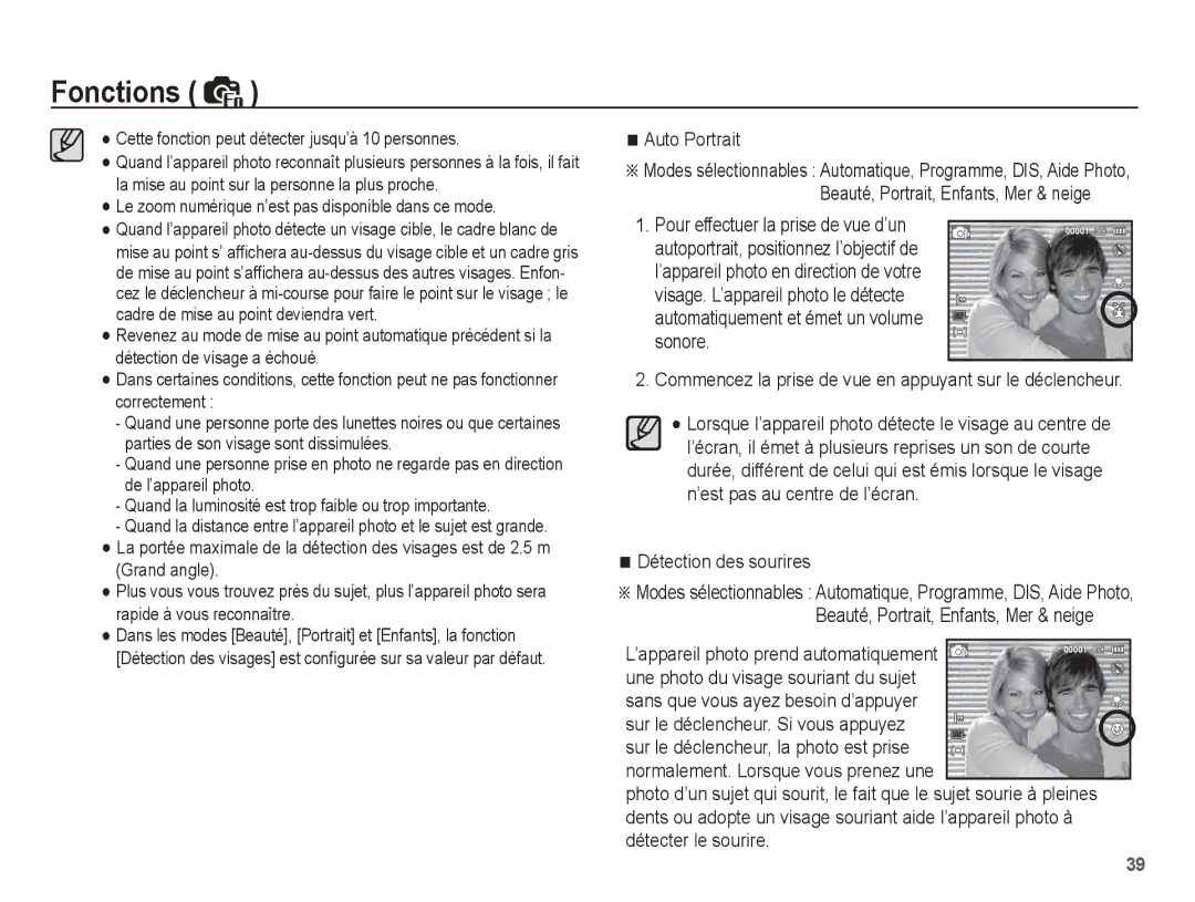 Samsung EC-PL55ZZBPBE1 manual Auto Portrait, Détection des sourires, Cette fonction peut détecter jusqu’à 10 personnes 