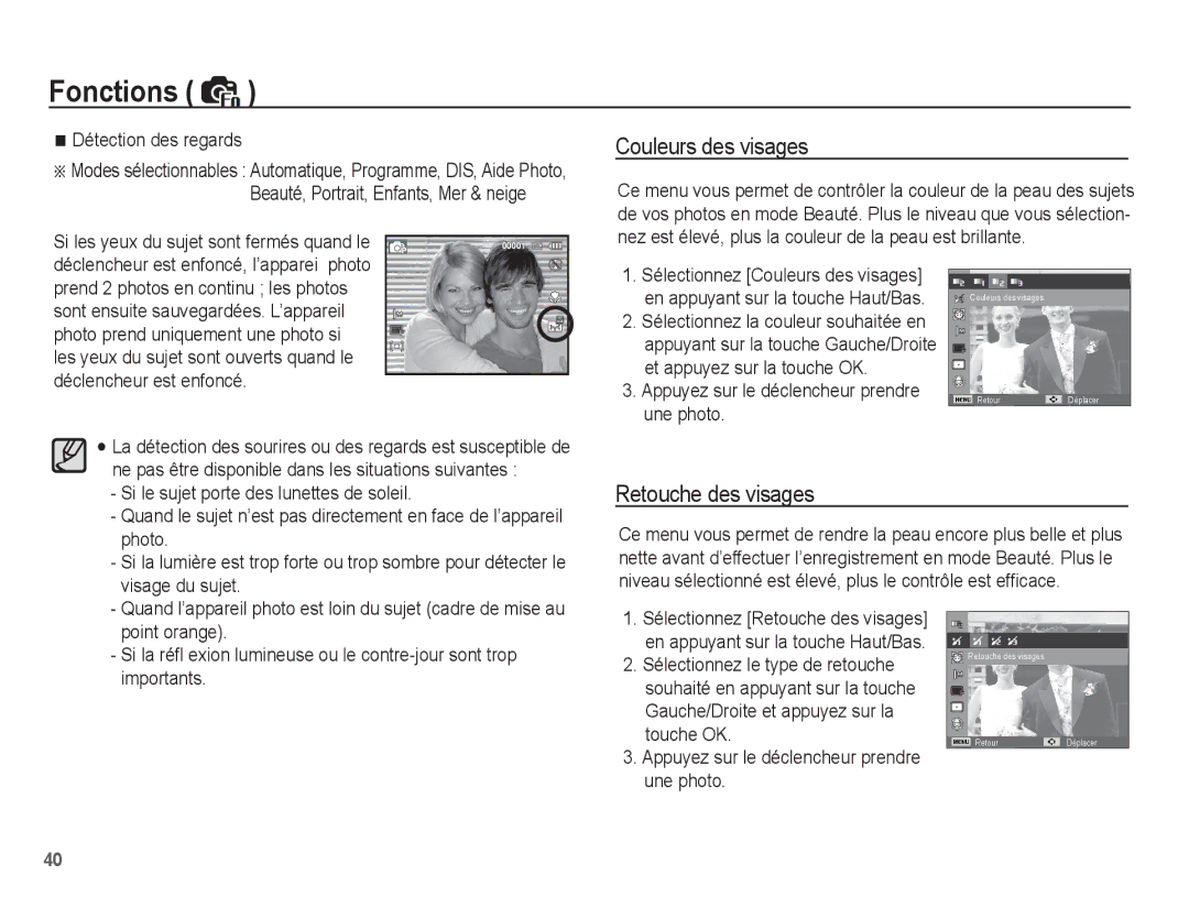 Samsung EC-PL55ZZBPRE1, EC-PL55ZZBPBE1, EC-PL55ZZBPBFR, EC-PL55ZZBPSCA manual Couleurs des visages, Retouche des visages 