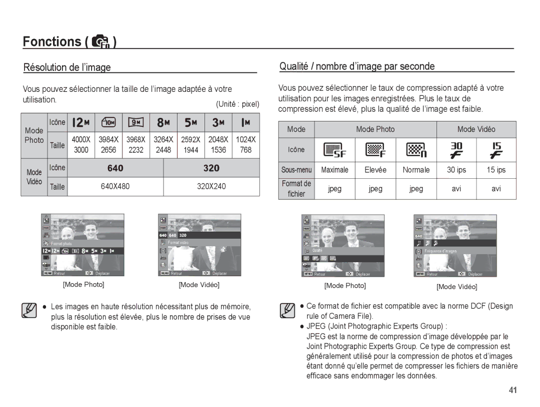 Samsung EC-PL55ZZBPBFR, EC-PL55ZZBPBE1 manual Résolution de l’image Qualité / nombre d’image par seconde, 320X240, Jpeg 