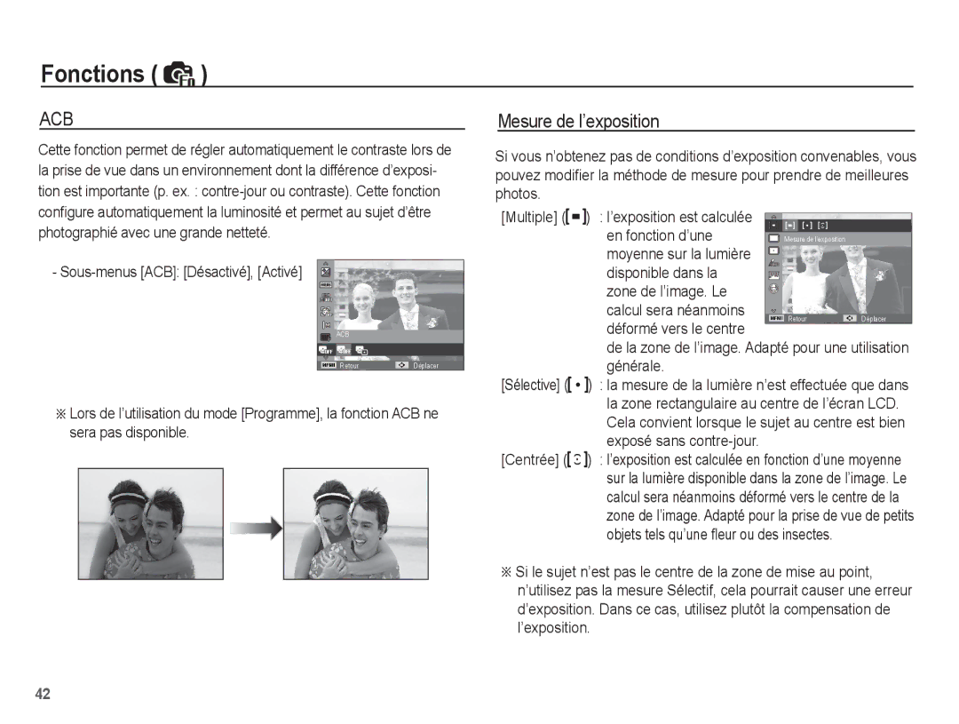 Samsung EC-PL55ZZBPSCA manual Mesure de l’exposition, Sous-menus ACB Désactivé, Activé, En fonction d’une, Générale 