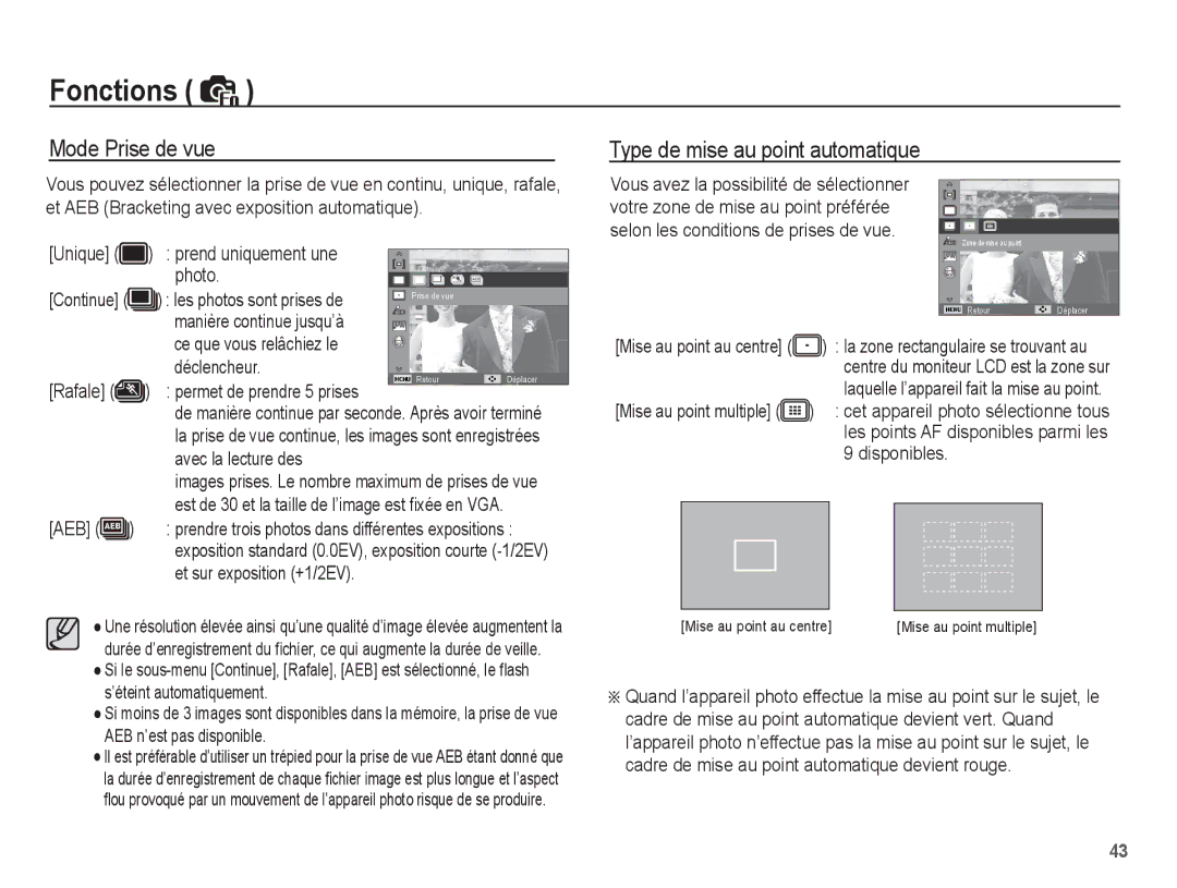 Samsung EC-PL55ZZBPBE1, EC-PL55ZZBPRE1, EC-PL55ZZBPBFR, EC-PL55ZZBPSCA Mode Prise de vue, Type de mise au point automatique 