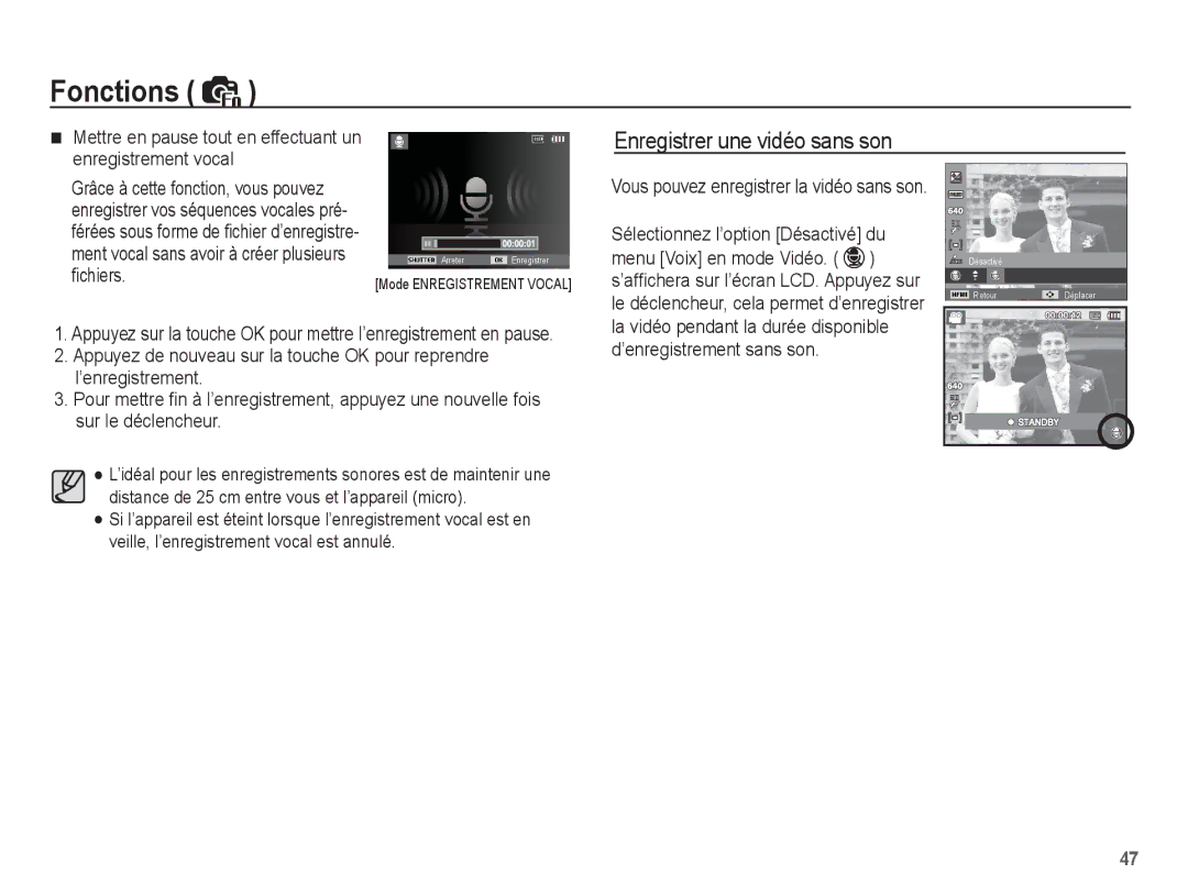 Samsung EC-PL55ZZBPBE1, EC-PL55ZZBPRE1, EC-PL55ZZBPBFR manual Mettre en pause tout en effectuant un enregistrement vocal 