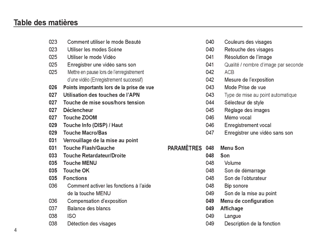 Samsung EC-PL55ZZBPRE1, EC-PL55ZZBPBE1, EC-PL55ZZBPBFR manual 023, 025, Type de mise au point automatique, 036, 037, 038 