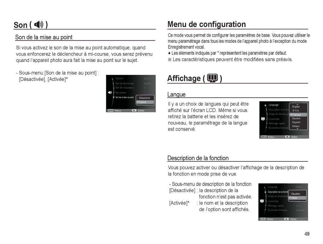 Samsung EC-PL55ZZBPBFR manual Menu de conﬁguration, Afﬁchage, Son de la mise au point, Langue, Description de la fonction 