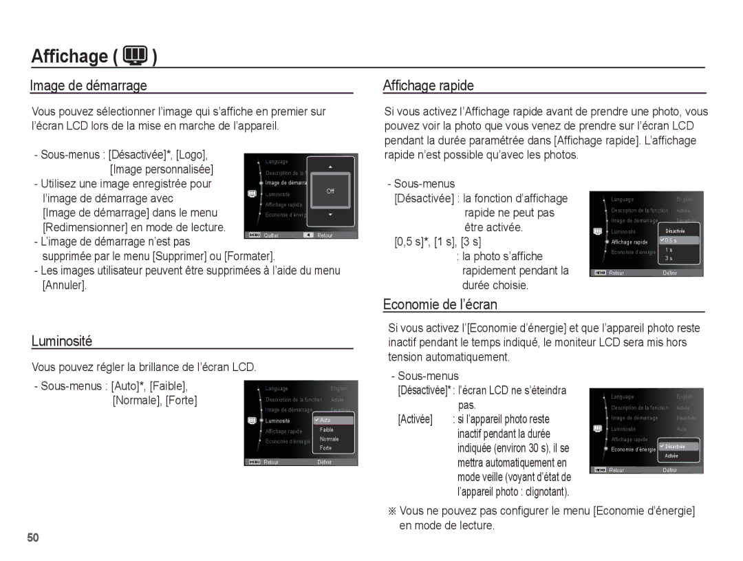 Samsung EC-PL55ZZBPSCA, EC-PL55ZZBPBE1, EC-PL55ZZBPRE1 Image de démarrage, Afﬁchage rapide, Luminosité Economie de l’écran 