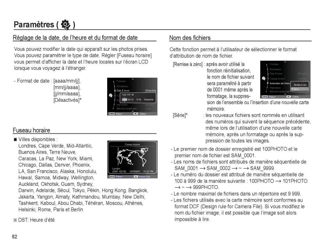 Samsung EC-PL55ZZBPRE1 manual Réglage de la date, de l’heure et du format de date, Fuseau horaire, Nom des ﬁchiers 