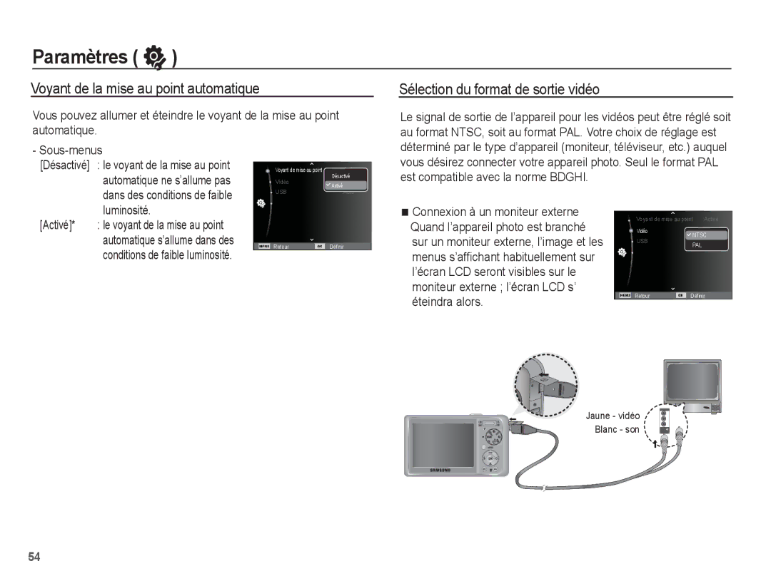 Samsung EC-PL55ZZBPSCA, EC-PL55ZZBPBE1 Voyant de la mise au point automatique, Sélection du format de sortie vidéo, Activé 