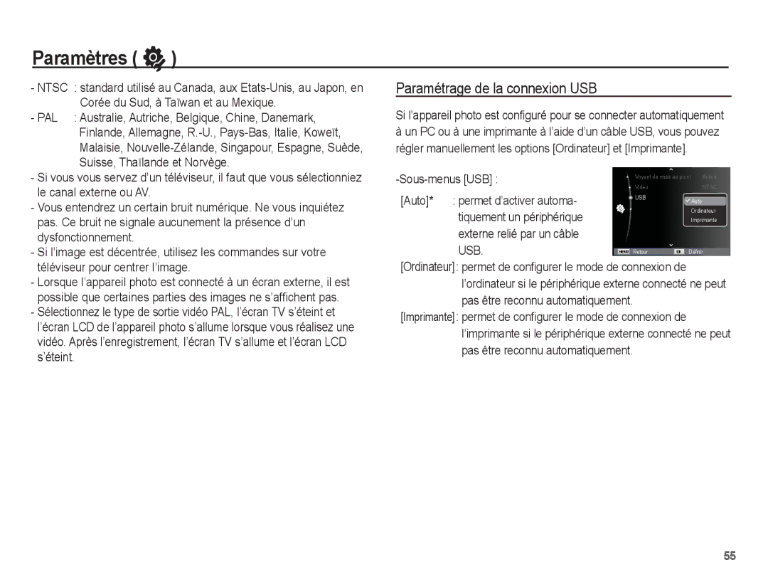 Samsung EC-PL55ZZBPBE1, EC-PL55ZZBPRE1 manual Paramétrage de la connexion USB, Sous-menus USB, Auto Permet d’activer automa 