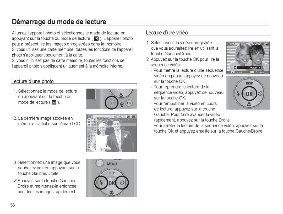 Samsung EC-PL55ZZBPRE1, EC-PL55ZZBPBE1 manual Démarrage du mode de lecture, Lecture d’une photo, Lecture d’une vidéo 