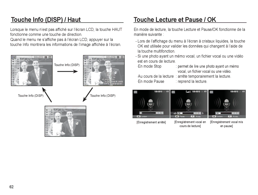 Samsung EC-PL55ZZBPSCA Touche Lecture et Pause / OK, ·En mode Pause Reprend la lecture, Arrête temporairement la lecture 