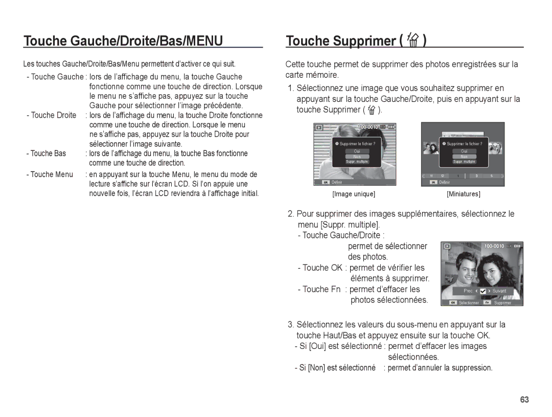 Samsung EC-PL55ZZBPBE1, EC-PL55ZZBPRE1 Touche Gauche/Droite/Bas/MENU, Touche Supprimer Õ, Touche Fn permet d’effacer les 