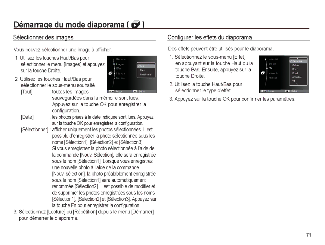 Samsung EC-PL55ZZBPBE1 Sélectionner des images, Configurer les effets du diaporama, Sur la touche Droite, Configuration 