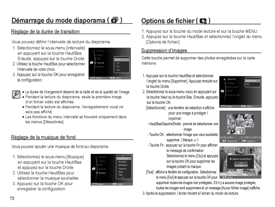 Samsung EC-PL55ZZBPRE1, EC-PL55ZZBPBE1 manual Options de fichier, Réglage de la durée de transition, Suppression d’images 