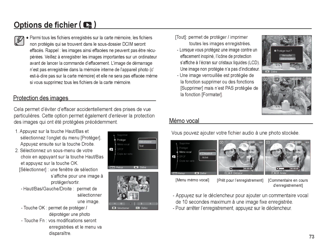 Samsung EC-PL55ZZBPBFR Protection des images, Mémo vocal, Vous pouvez ajouter votre fichier audio à une photo stockée 