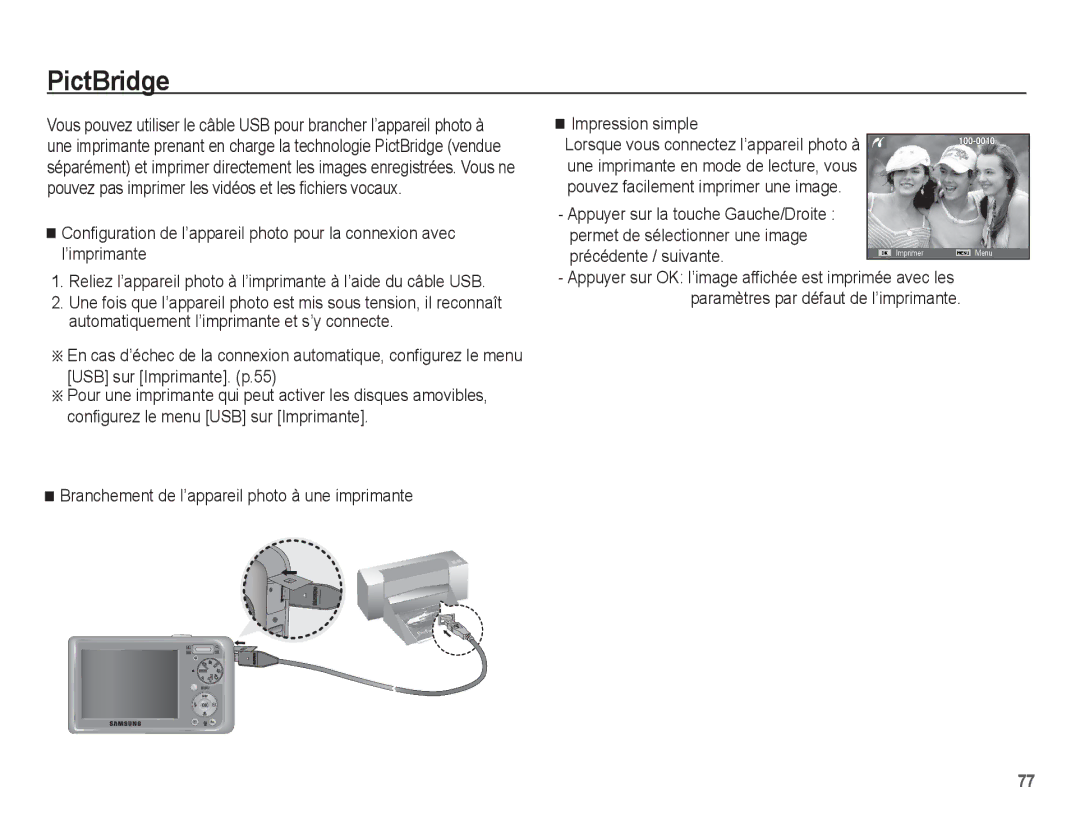 Samsung EC-PL55ZZBPBFR, EC-PL55ZZBPBE1, EC-PL55ZZBPRE1, EC-PL55ZZBPSCA manual PictBridge, Précédente / suivante 