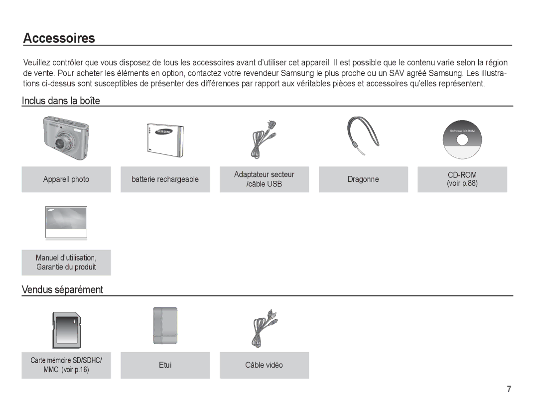 Samsung EC-PL55ZZBPBE1, EC-PL55ZZBPRE1, EC-PL55ZZBPBFR, EC-PL55ZZBPSCA Accessoires, Inclus dans la boîte, Vendus séparément 