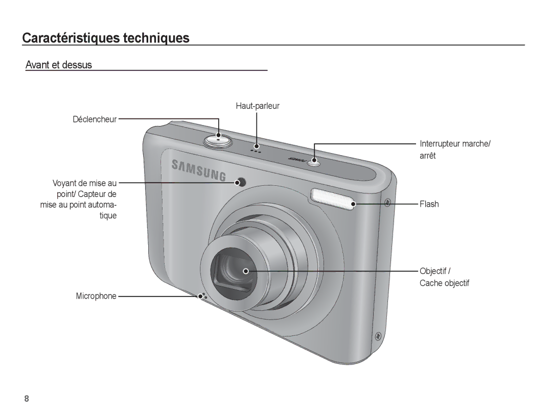 Samsung EC-PL55ZZBPRE1, EC-PL55ZZBPBE1, EC-PL55ZZBPBFR, EC-PL55ZZBPSCA manual Caractéristiques techniques, Avant et dessus 