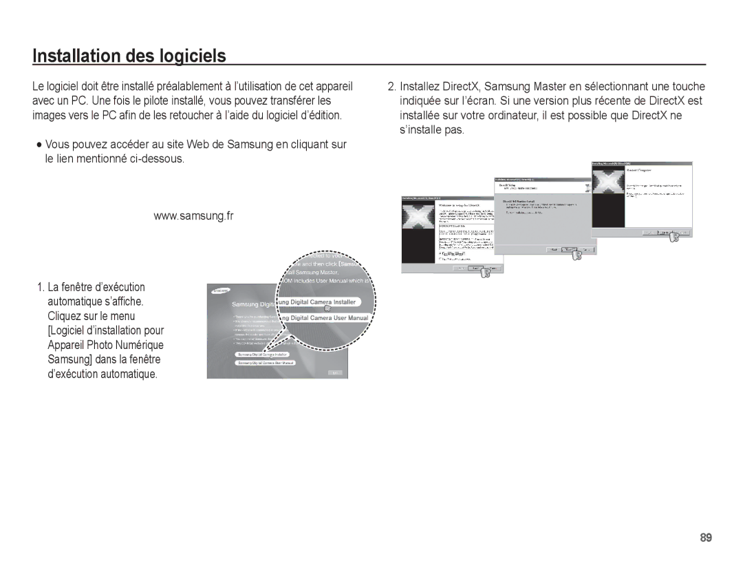 Samsung EC-PL55ZZBPBFR, EC-PL55ZZBPBE1, EC-PL55ZZBPRE1, EC-PL55ZZBPSCA manual Installation des logiciels 