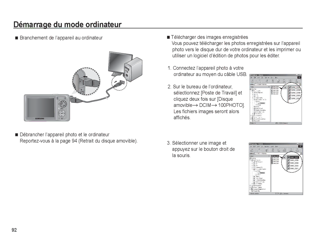 Samsung EC-PL55ZZBPRE1, EC-PL55ZZBPBE1 manual Branchement de l’appareil au ordinateur, Télécharger des images enregistrées 