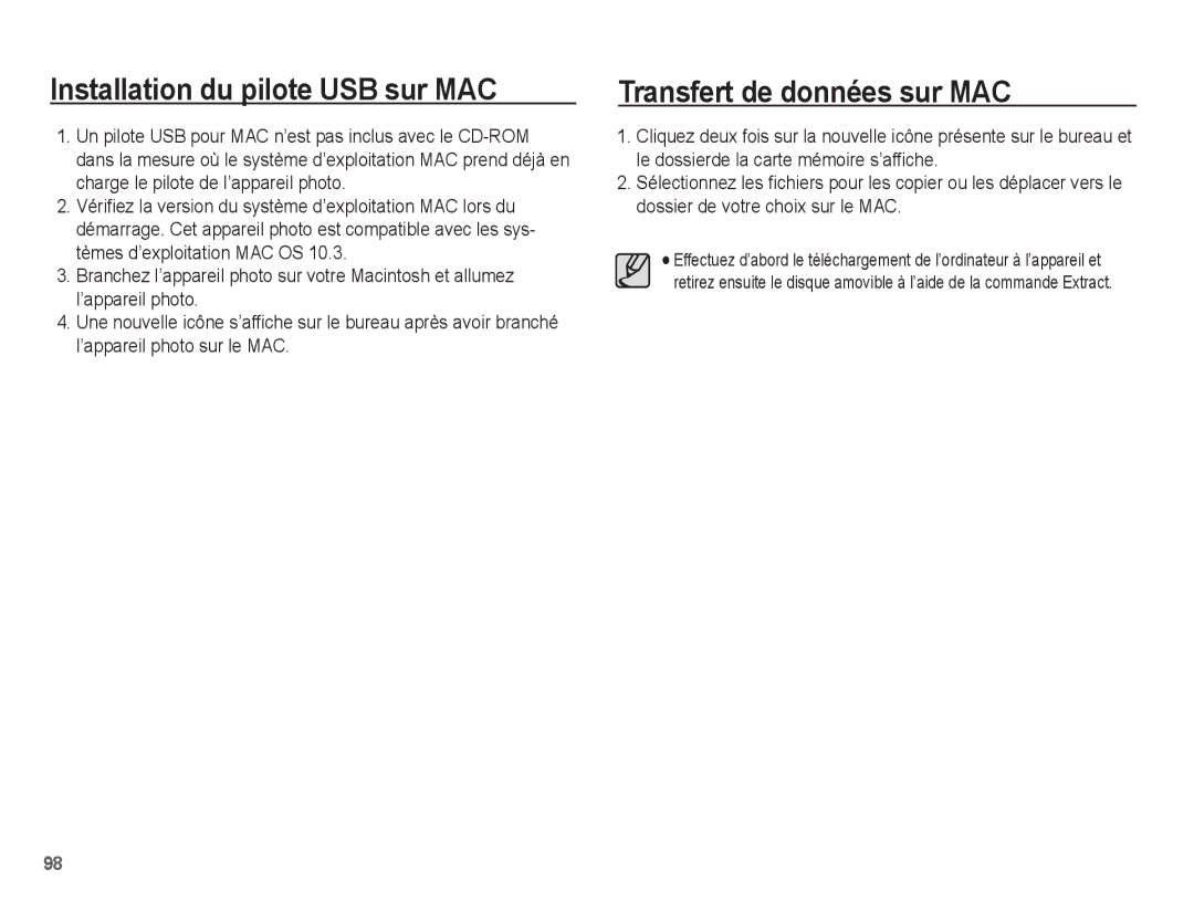 Samsung EC-PL55ZZBPSCA, EC-PL55ZZBPBE1, EC-PL55ZZBPRE1 Installation du pilote USB sur MAC, Transfert de données sur MAC 