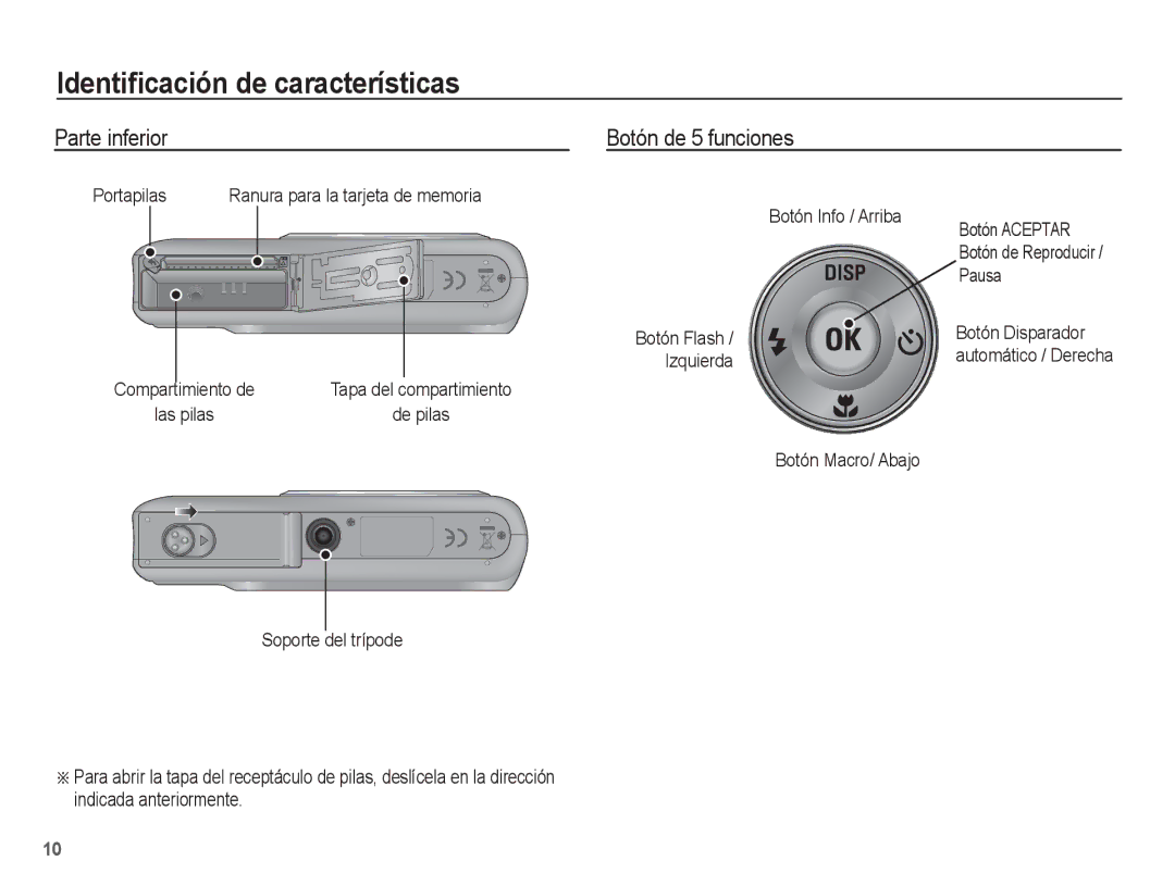 Samsung EC-PL55ZZBPRE1 manual Parte inferior Botón de 5 funciones, Portapilas, Botón Info / Arriba Botón Aceptar, Pausa 