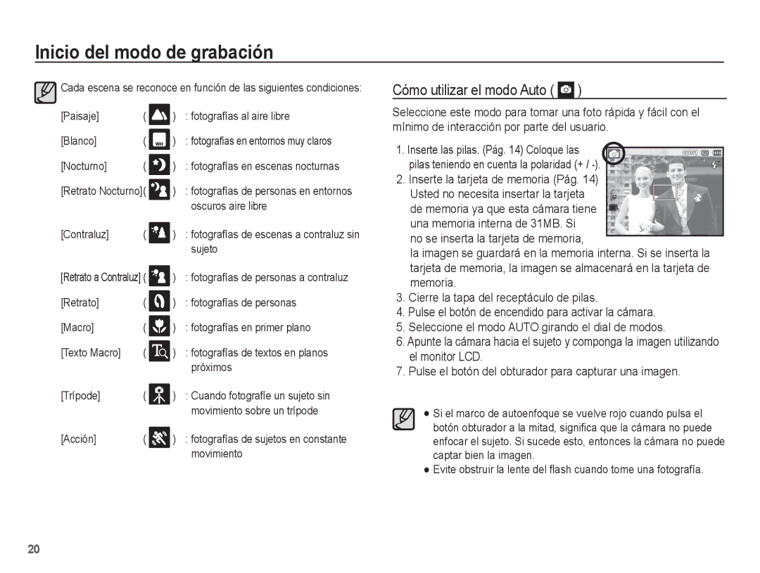 Samsung EC-PL55ZZBPRE1, EC-PL55ZZBPBE1, EC-PL55ZZBPUE1 manual Cómo utilizar el modo Auto, Inserte la tarjeta de memoria Pág 