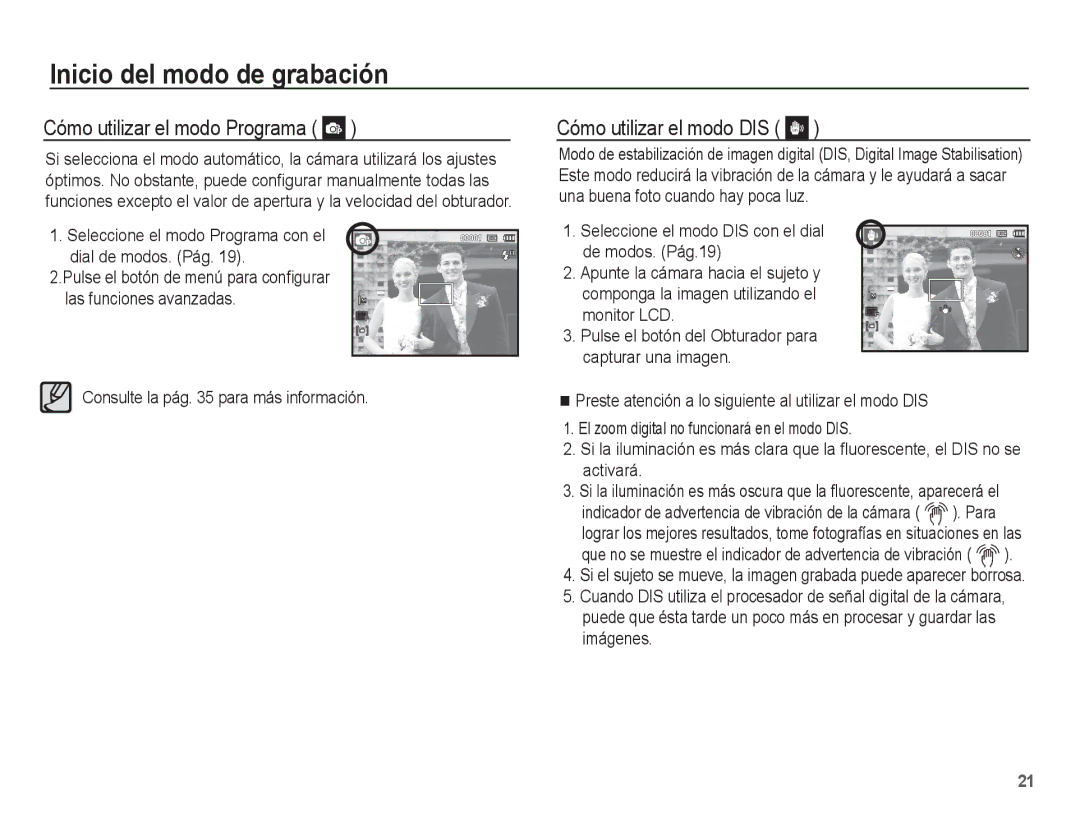 Samsung EC-PL55ZZBPUE1 Cómo utilizar el modo Programa, Cómo utilizar el modo DIS, Consulte la pág para más información 