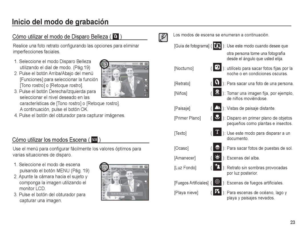 Samsung EC-PL55ZZBPSCN, EC-PL55ZZBPBE1 manual Cómo utilizar el modo de Disparo Belleza, Cómo utilizar los modos Escena 