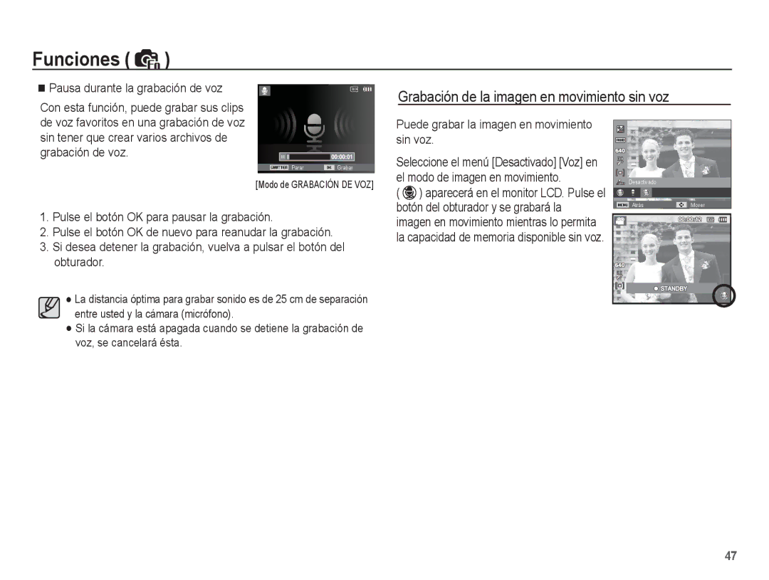 Samsung EC-PL55ZZBPSE1 manual Grabación de la imagen en movimiento sin voz, Puede grabar la imagen en movimiento sin voz 