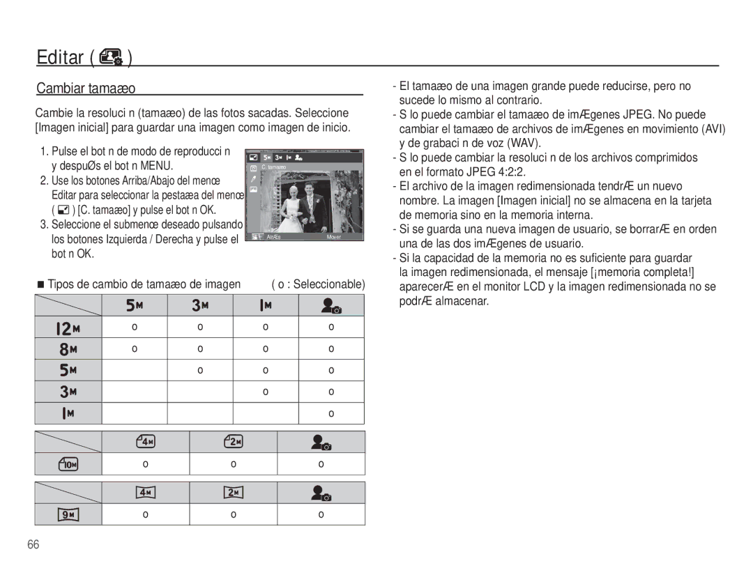 Samsung EC-PL55ZZBPUE1, EC-PL55ZZBPBE1, EC-PL55ZZBPRE1, EC-PL55ZZBPSE1, EC-PL55ZZBPSCN manual Editar, Cambiar tamaño 