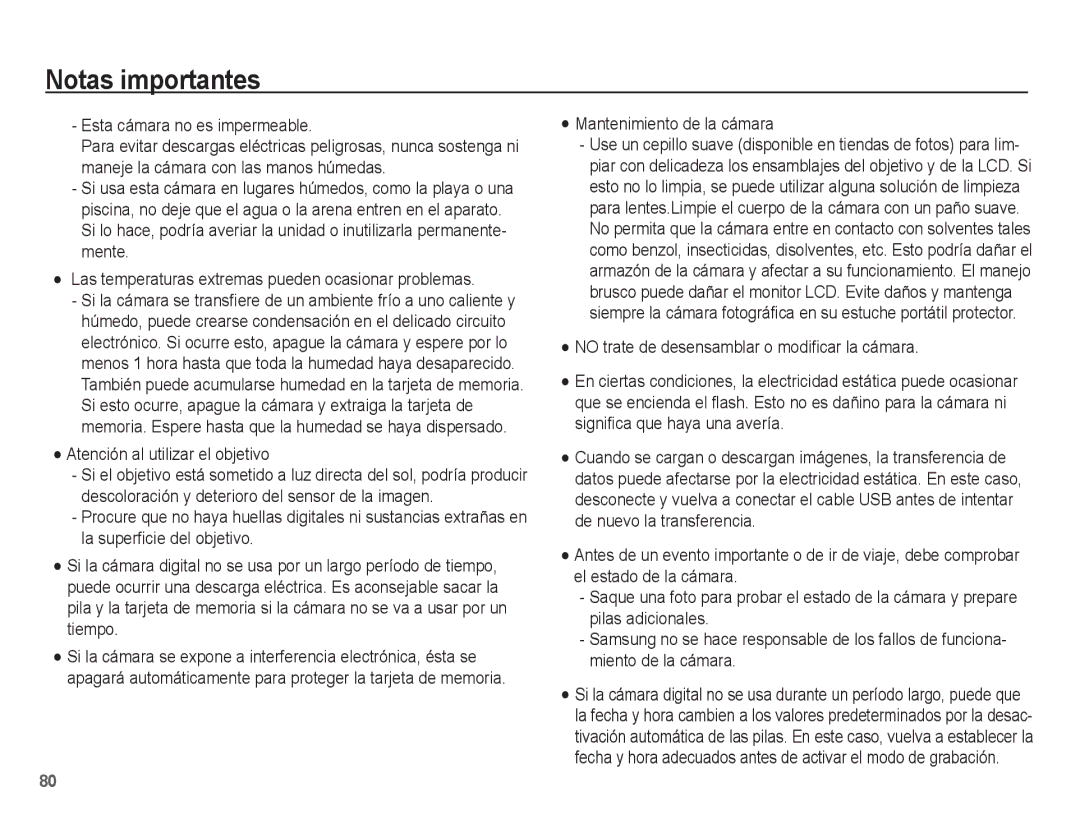 Samsung EC-PL55ZZBPRE1 manual Esta cámara no es impermeable, Atención al utilizar el objetivo, Mantenimiento de la cámara 