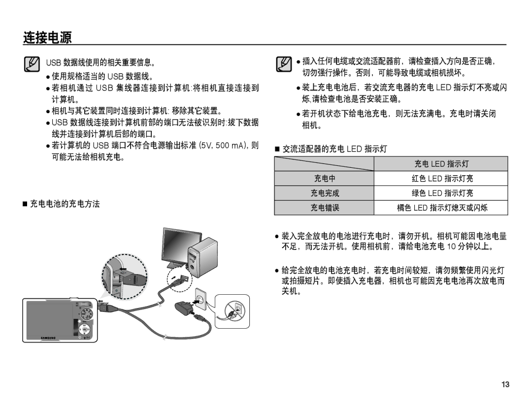 Samsung EC-PL55ZZBPUE3 manual Usb 数据线使用的相关重要信息。 使用规格适当的 Usb 数据线。, 计算机。 相机与其它装置同时连接到计算机 移除其它装置。, 交流适配器的充电 Led 指示灯 