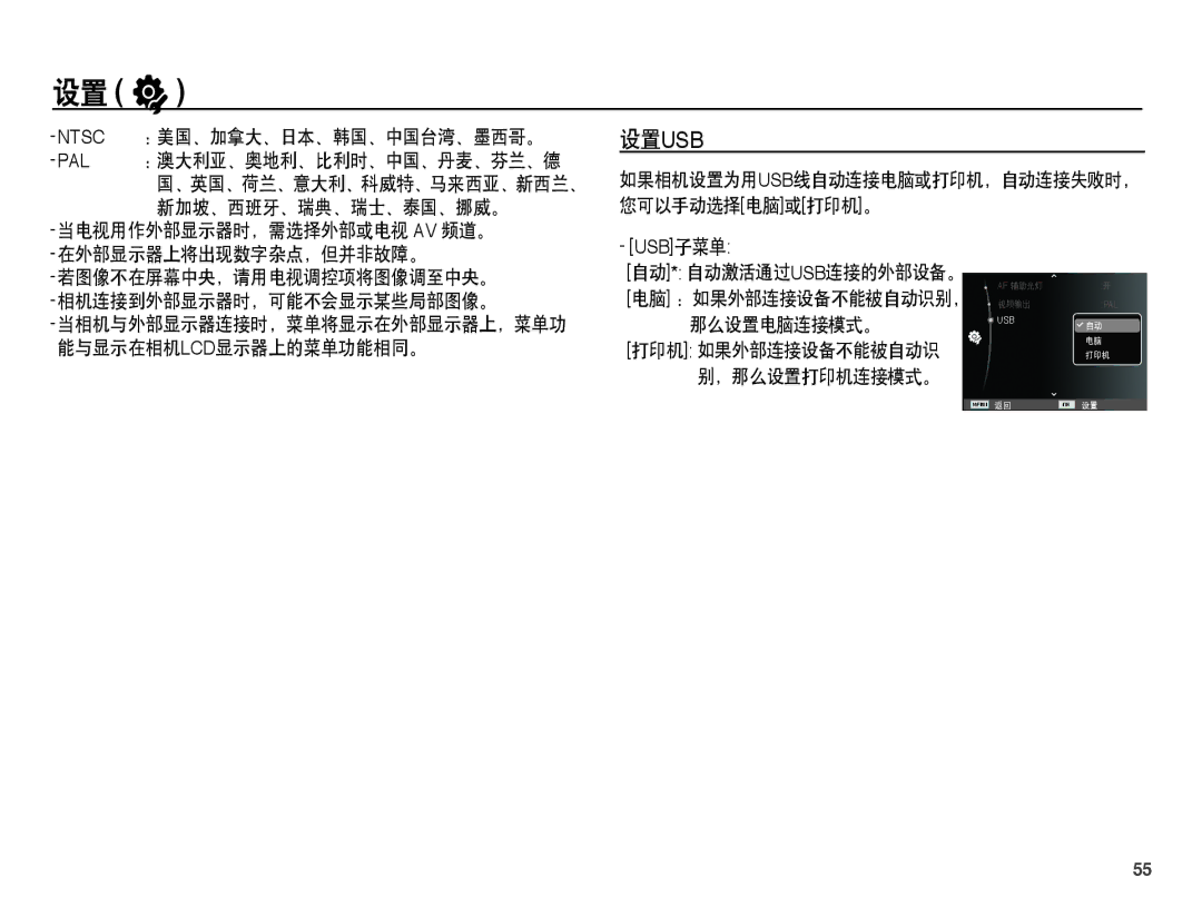 Samsung EC-PL55ZZBPUE3 ：美国、加拿大、日本、韩国、中国台湾、墨西哥。, ：澳大利亚、奥地利、比利时、中国、丹麦、芬兰、德, 新加坡、西班牙、瑞典、瑞士、泰国、挪威。, 相机连接到外部显示器时，可能不会显示某些局部图像。 