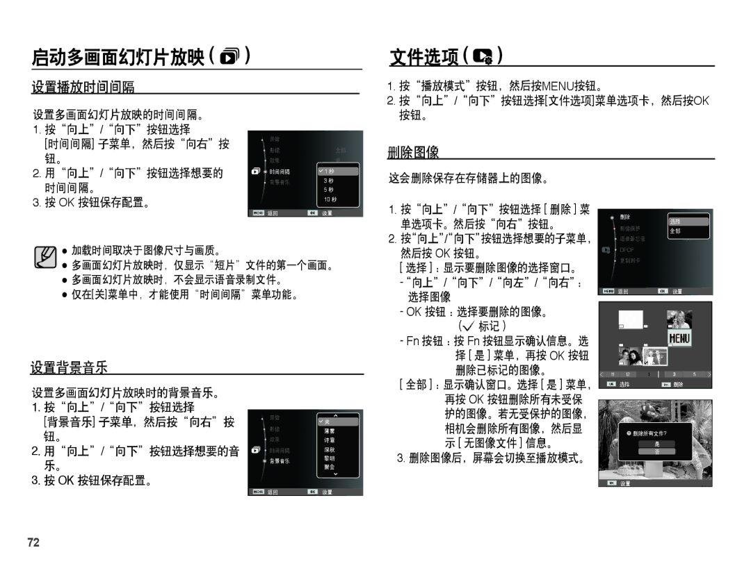 Samsung EC-PL55ZZBPSIT, EC-PL55ZZBPBE1, EC-PL55ZZBPUE3, EC-PL55ZZBPBE3, EC-PL55ZZBPSE3 manual 文件选项, 设置播放时间间隔, 删除图像, 设置背景音乐 