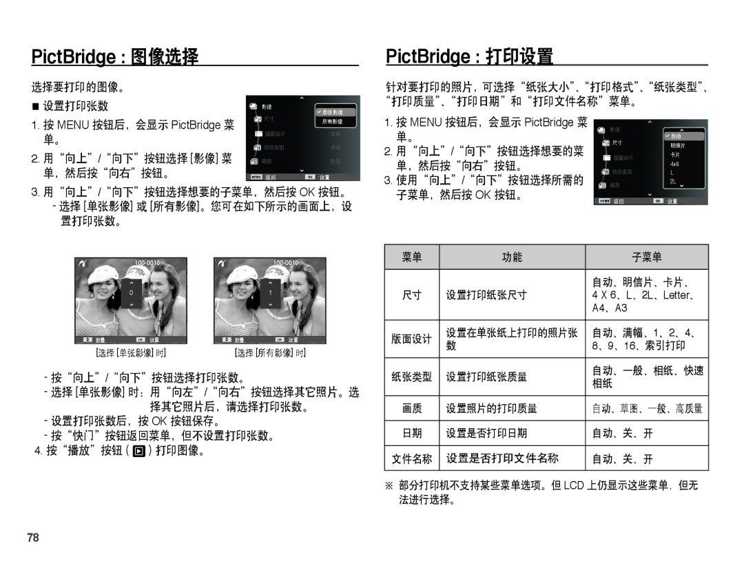 Samsung EC-PL55ZZBPSIT manual 选择要打印的图像。 设置打印张数, 用向上/向下按钮选择 影像 菜, ，然后按向右按钮。 用向上/向下按钮选择想要的子菜单，然后按 Ok 按钮。, 按向上/向下按钮选择打印张数。 