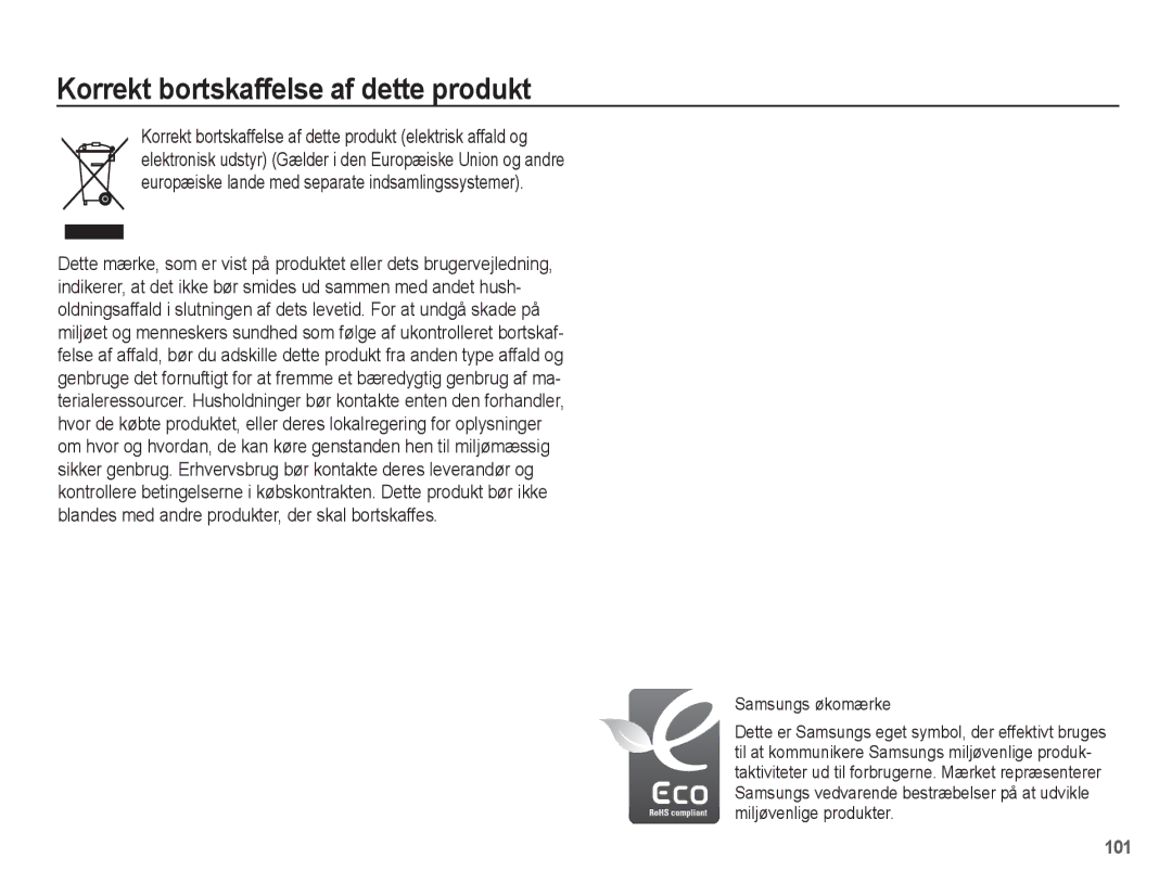 Samsung EC-PL55ZZBPUE2, EC-PL55ZZBPSE2 manual Korrekt bortskaffelse af dette produkt, Samsungs økomærke 