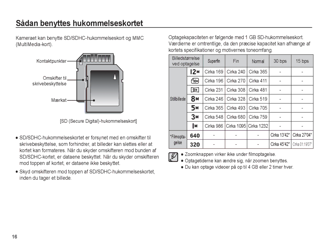 Samsung EC-PL55ZZBPSE2, EC-PL55ZZBPUE2 manual Kontaktpunkter, Mærkat SD Secure Digital-hukommelseskort, Ved optagelse 