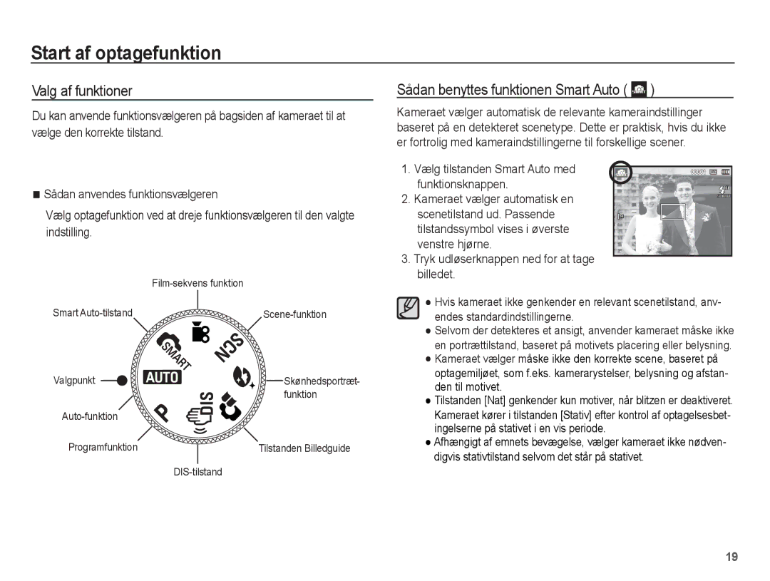 Samsung EC-PL55ZZBPUE2, EC-PL55ZZBPSE2 Start af optagefunktion, Valg af funktioner, Sådan benyttes funktionen Smart Auto 