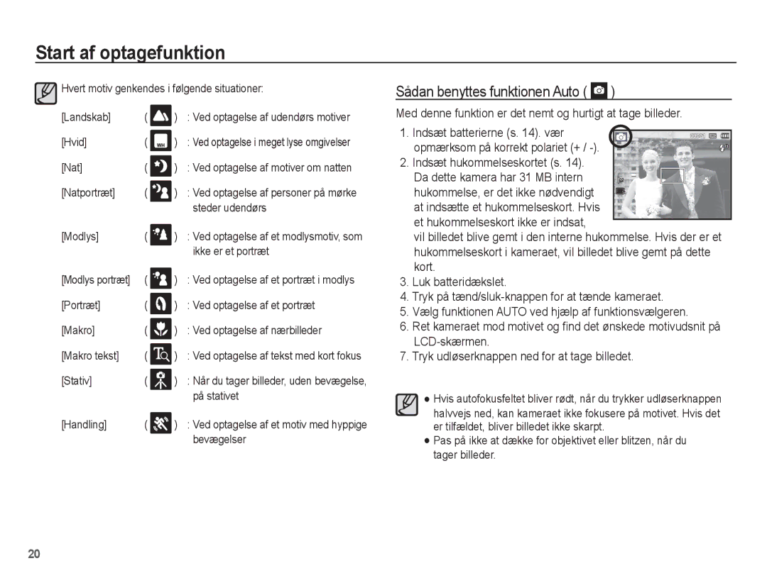 Samsung EC-PL55ZZBPSE2 manual Sådan benyttes funktionen Auto, Med denne funktion er det nemt og hurtigt at tage billeder 