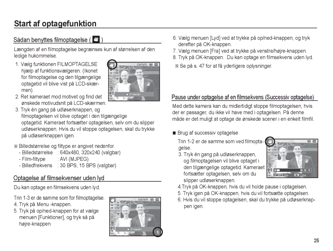 Samsung EC-PL55ZZBPUE2 manual Sådan benyttes ﬁlmoptagelse, Optagelse af ﬁlmsekvenser uden lyd, Film-ﬁltype, Billedfrekvens 