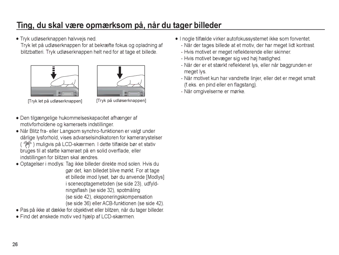 Samsung EC-PL55ZZBPSE2, EC-PL55ZZBPUE2 manual Ting, du skal være opmærksom på, når du tager billeder 