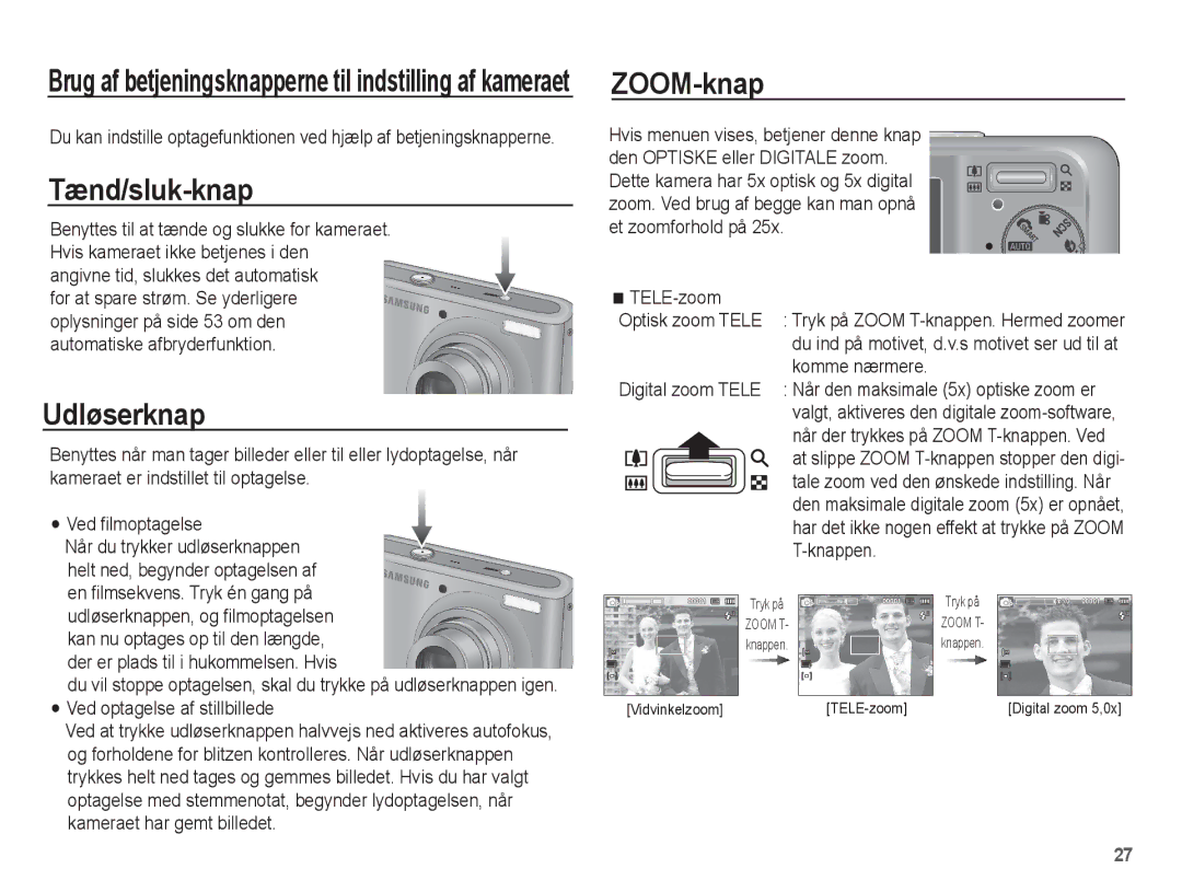 Samsung EC-PL55ZZBPUE2, EC-PL55ZZBPSE2 manual Tænd/sluk-knap, Udløserknap, ZOOM-knap, Et zoomforhold på, Knappen 