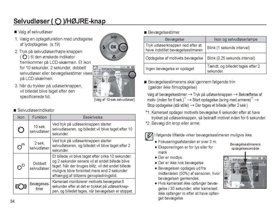 Samsung EC-PL55ZZBPSE2, EC-PL55ZZBPUE2 manual Selvudløserindikator, Bevægelsestimer, Bevæg din krop eller arme 