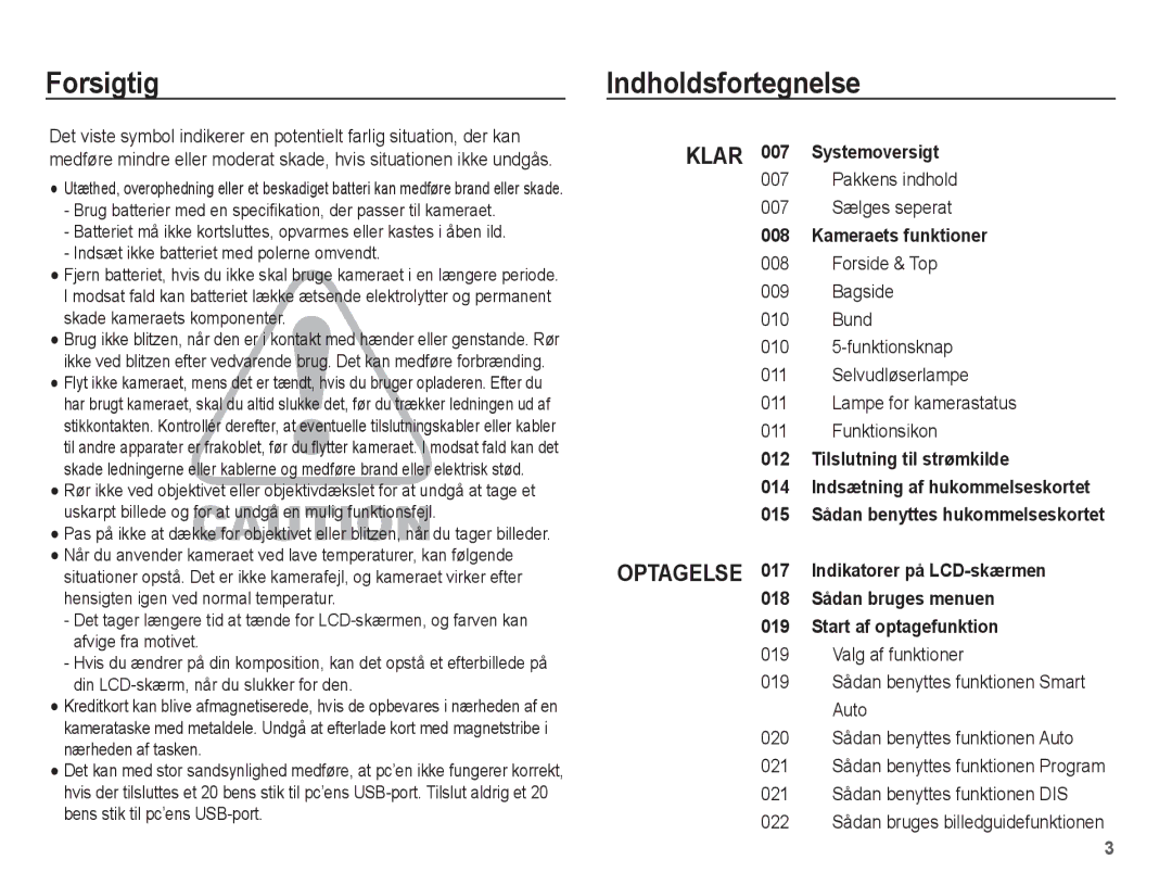 Samsung EC-PL55ZZBPUE2, EC-PL55ZZBPSE2 manual Forsigtig Indholdsfortegnelse, Pakkens indhold 007 Sælges seperat 