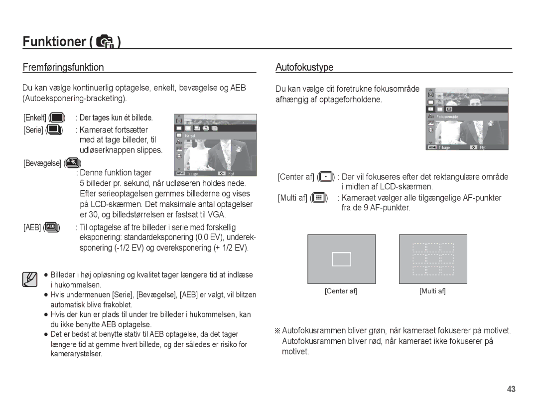 Samsung EC-PL55ZZBPUE2, EC-PL55ZZBPSE2 manual Fremføringsfunktion, Autofokustype 