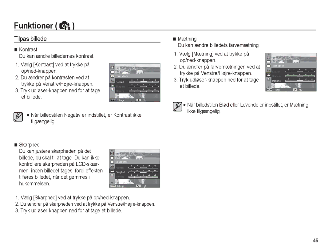 Samsung EC-PL55ZZBPUE2 Tilpas billede, Vælg Mætning ved at trykke på op/ned-knappen, Du kan ændre billedets farvemætning 