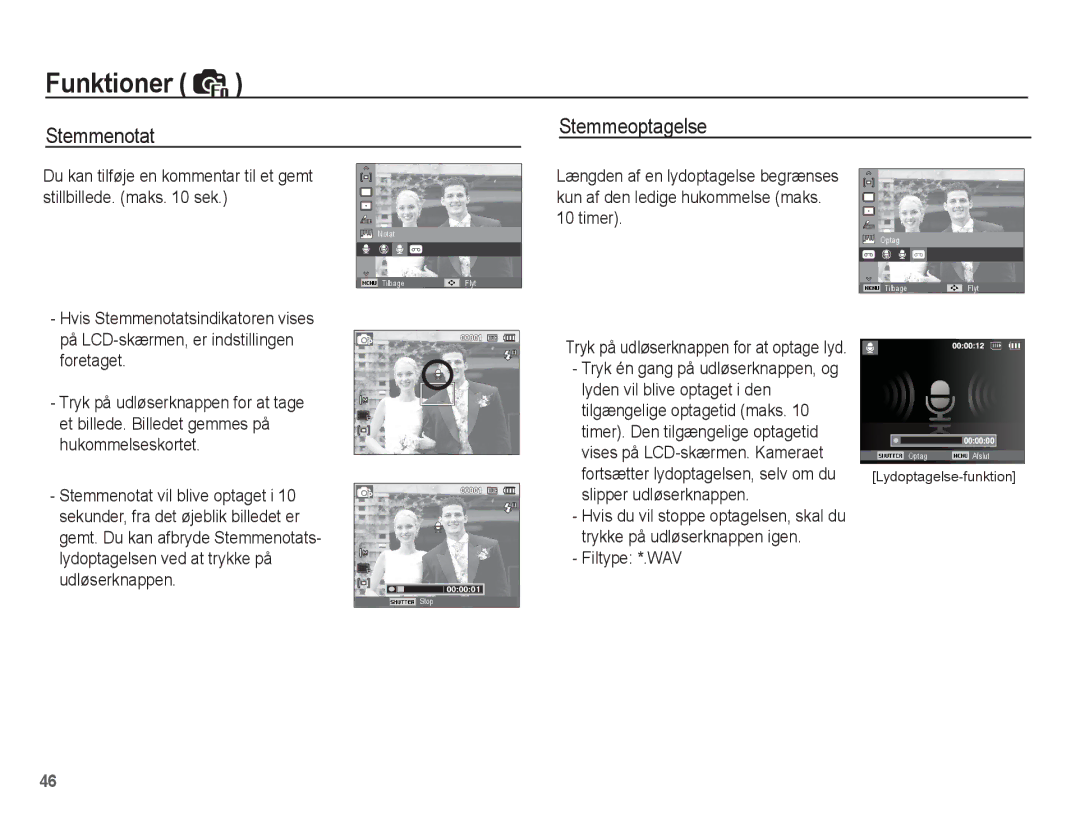 Samsung EC-PL55ZZBPSE2, EC-PL55ZZBPUE2 manual Stemmenotat Stemmeoptagelse, Filtype *.WAV 