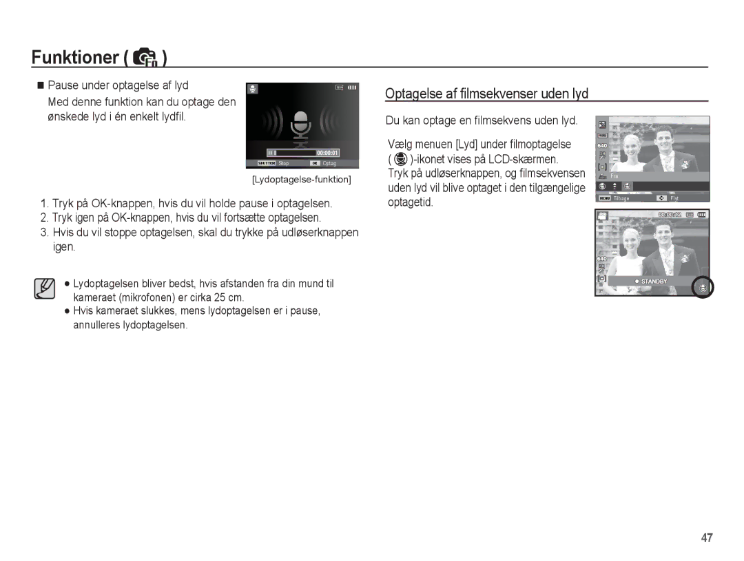 Samsung EC-PL55ZZBPUE2, EC-PL55ZZBPSE2 manual Ønskede lyd i én enkelt lydﬁl, Du kan optage en ﬁlmsekvens uden lyd 